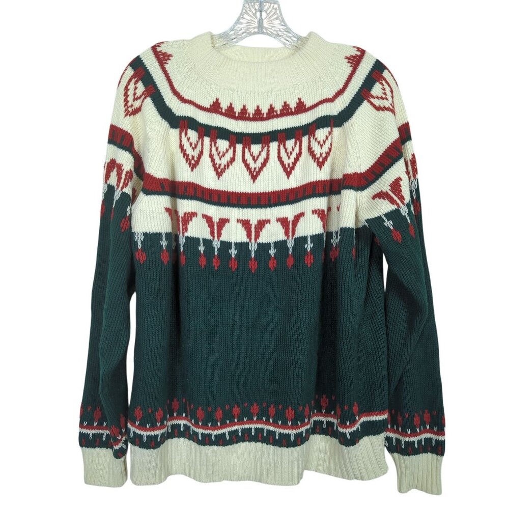 Vintage JCPenney Sweater XL Green Red White Nordic Fair Isle Knit Acrylic Taiwan